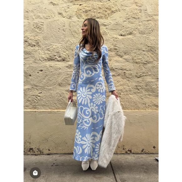 MØN RENN Eden Sleeved Maxi Dress In Blue Floral Summer Vacation  size S NWT - Picture 1 of 8